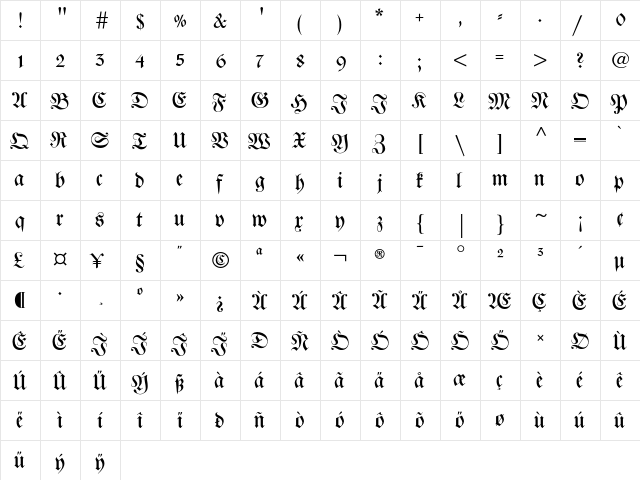 JustusFrakturEF Regular  glyph index