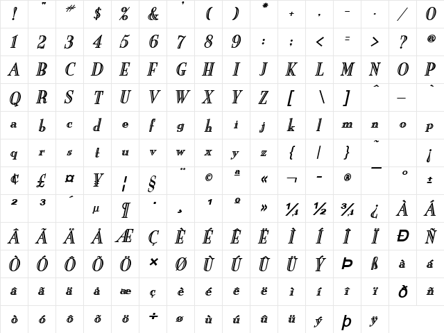 New England Engraved BoldItalic  glyph index