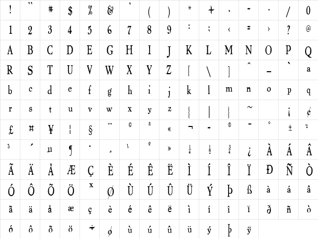 ThomasPaineCondensed Regular  glyph index