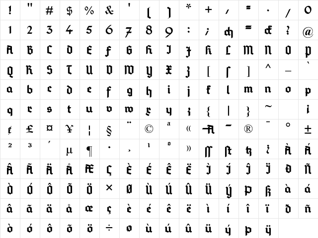 DeutschGotisch Regular  glyph index
