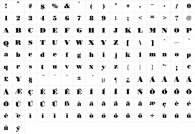 BODIDLYbold Regular  glyph index