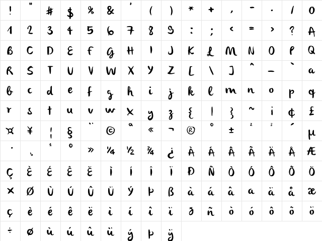 olivier Regular  glyph index