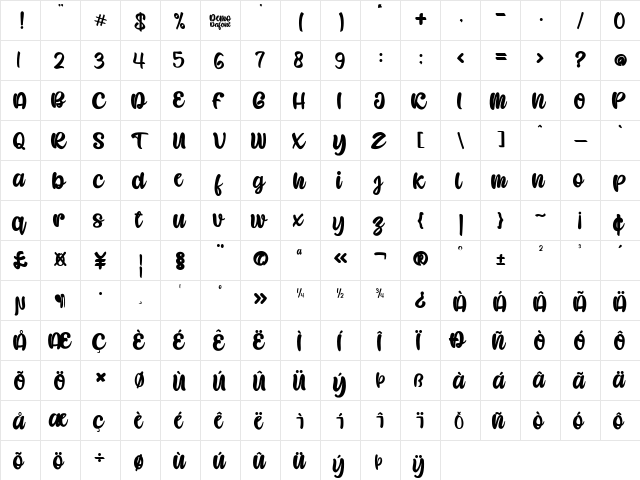 Caramel Candy Regular  glyph index