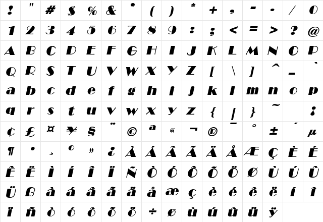 NewYorkDeco HeavyOblique  glyph index