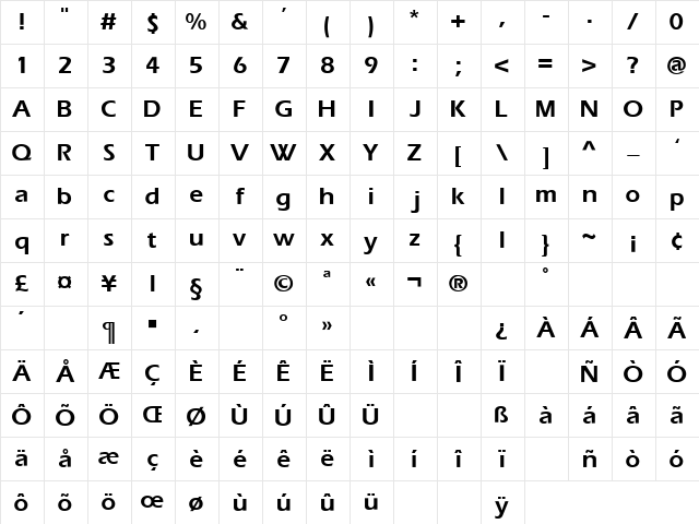 Eras-Black SemiBold  glyph index