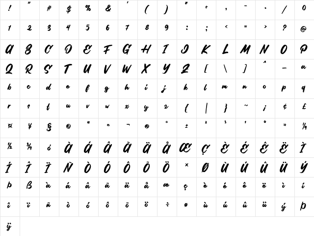 Stilda Script Regular  glyph index