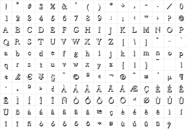BaskerOldShadow Regular  glyph index