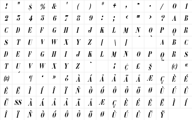 RoadcaseCondensed Oblique  glyph index