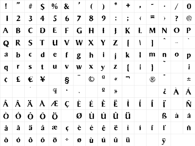 SigvarRandom Bold  glyph index