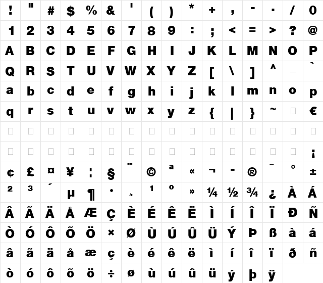 HelveticaNeue LT 95 Black Regular  glyph index