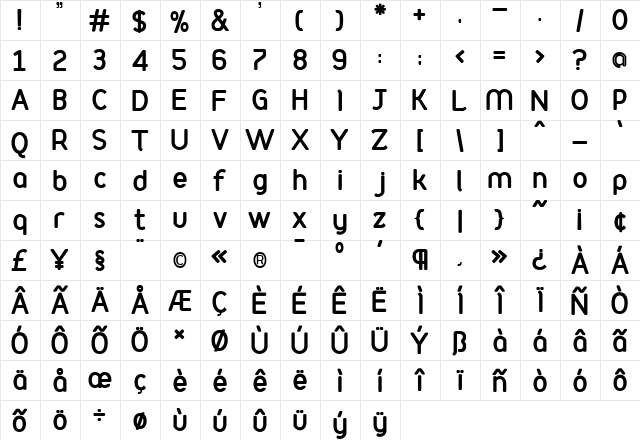 Podium Bold  glyph index