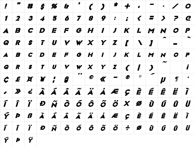 Videopac Bold Italic  glyph index