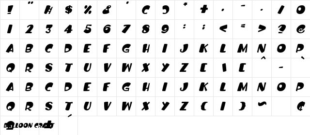 Balloon Craft Italic  glyph index