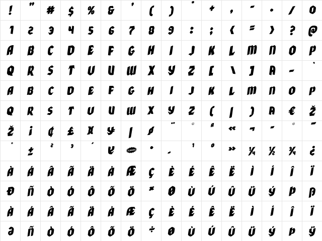 Xmas Xpress Rotalic Italic  glyph index