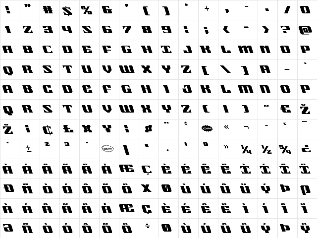 21 Gun Salute Leftalic Italic  glyph index