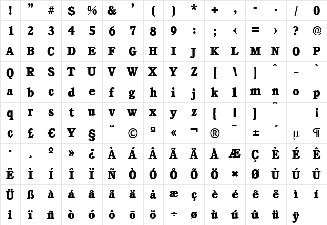 CalgarySerial-Xbold Regular  glyph index