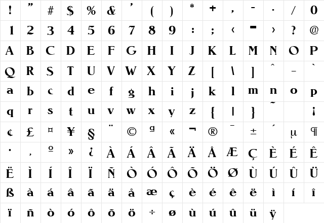 Nevada-Serial DB Bold  glyph index