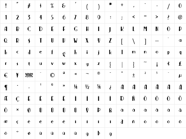 Nickerbocker NF Regular  glyph index