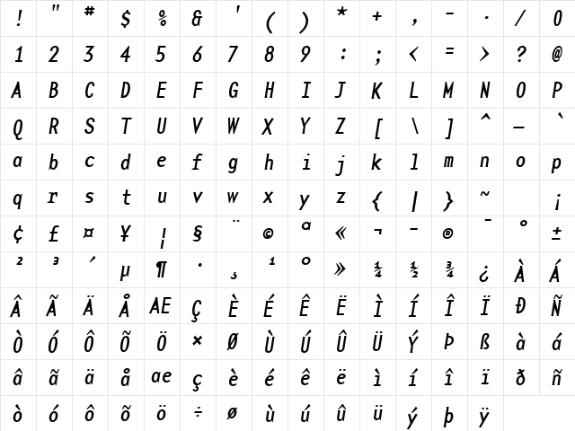BaseMonoNarrowRegItalic Italic  glyph index