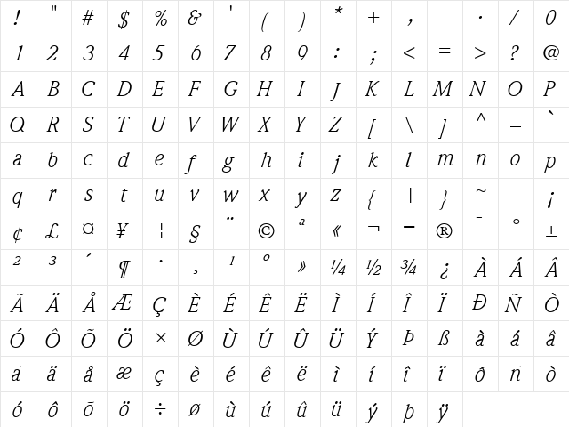 QuintessenceSSK Italic  glyph index