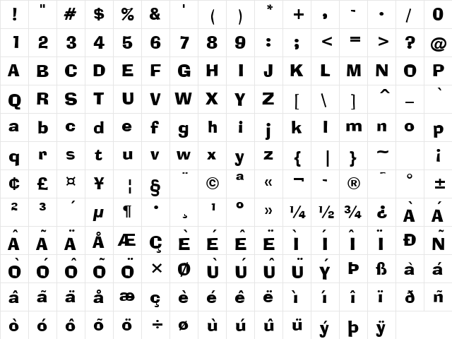 Alor Narrow Bold  glyph index