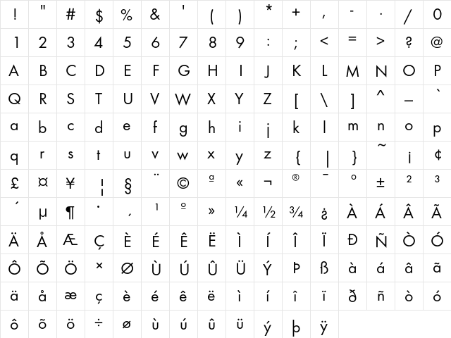 FuturaEF Book  glyph index