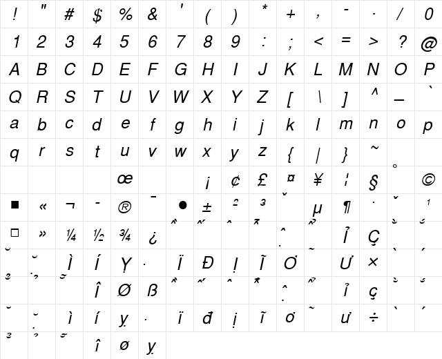 VNI-Helve Italic  glyph index