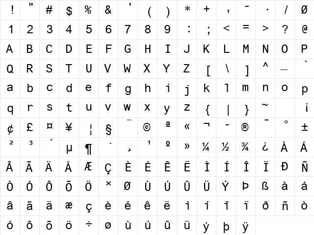 TI Uni Regular  glyph index