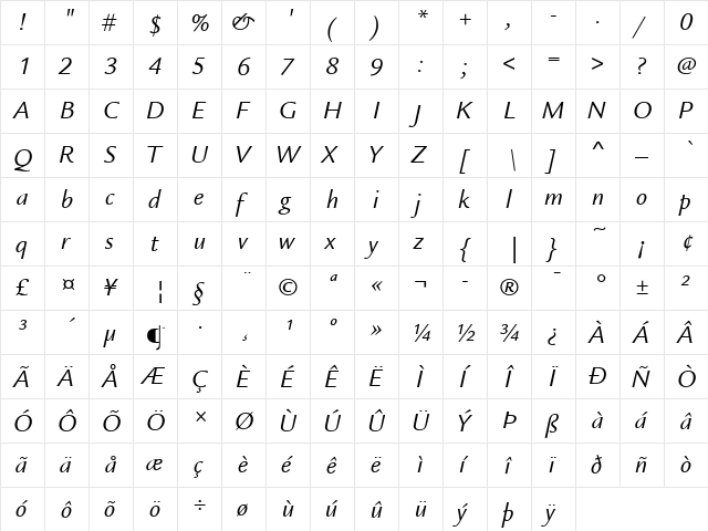ITCLegacySans LT Book Italic  glyph index