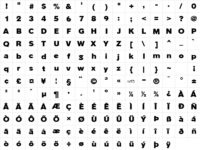 Phinster Heavy Regular  glyph index