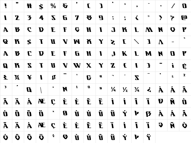 Eternal Knight Leftalic Italic  glyph index