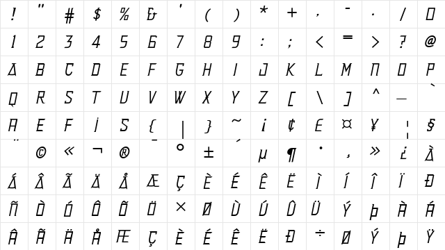 Delux Regular  glyph index