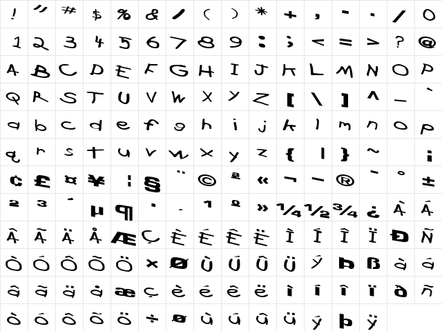 CrossFireFont Regular  glyph index
