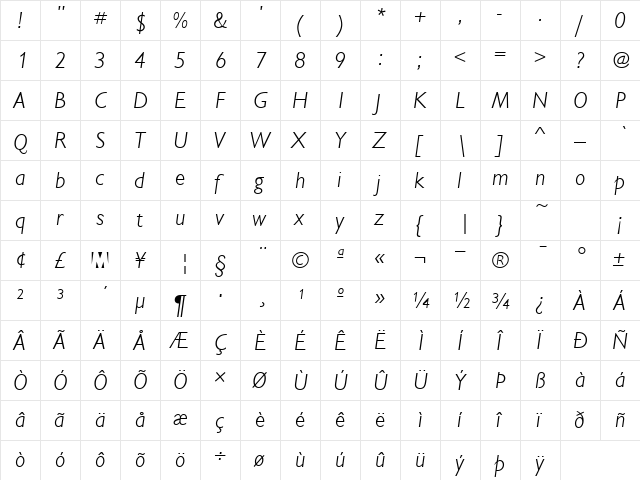 ChantillyLH LightItalic  glyph index