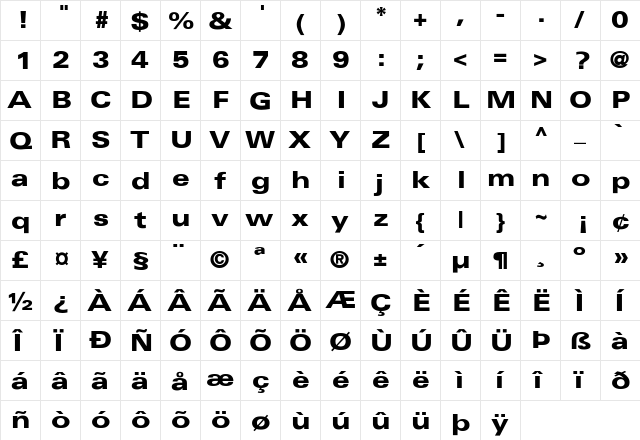 Univers-BlackExt Regular  glyph index