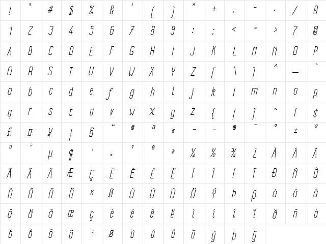 Impreciso free Light Italic  glyph index