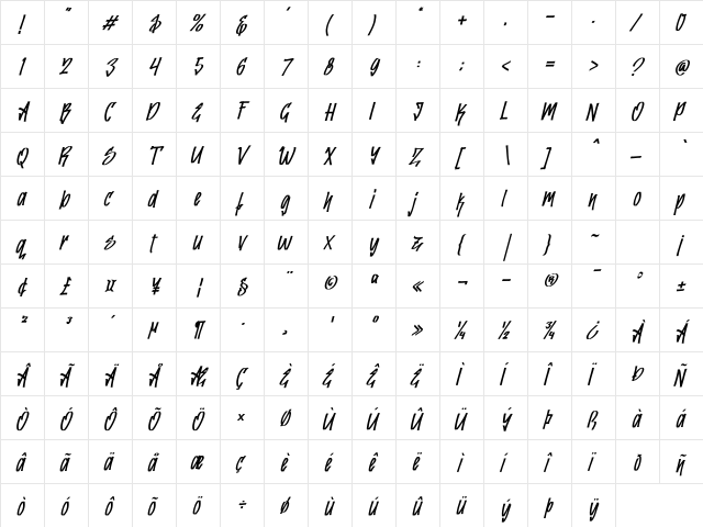 Greatwriten Italic Regular  glyph index