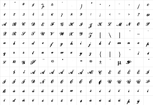Excellence Bold  glyph index