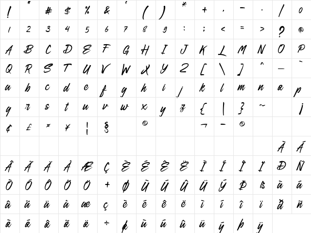 Engind Regular  glyph index