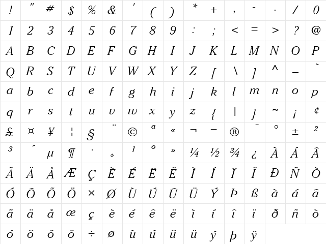 ITCCheltenham-Light LightItalic  glyph index