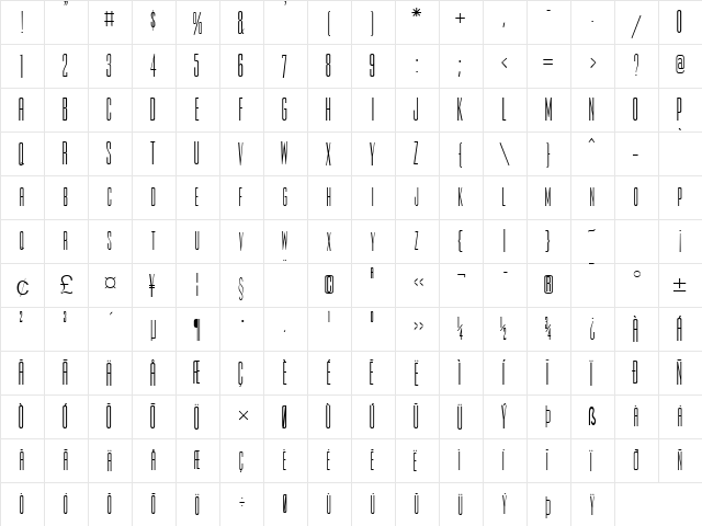 Slim-Jim Normal  glyph index