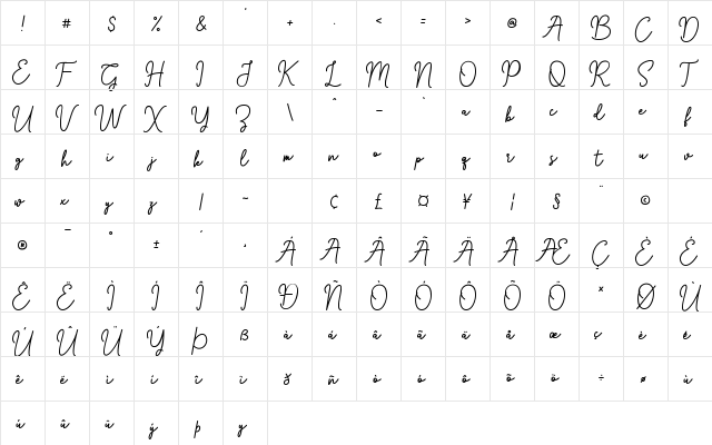 Blassville Regular  glyph index
