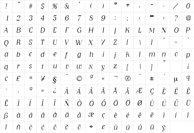 Nashville-Serial-ExtraLight RegularItalic  glyph index