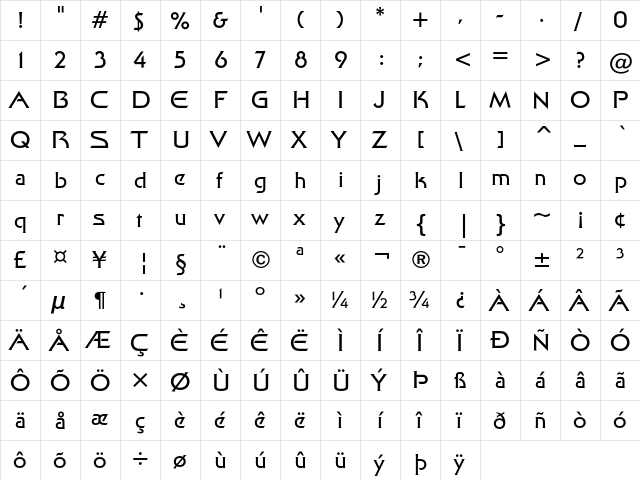 Galaxy Regular  glyph index