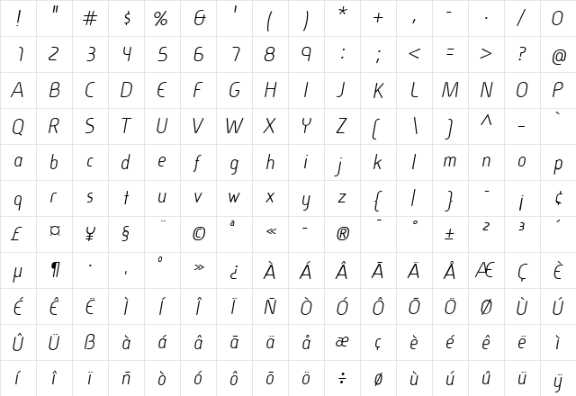 Cineplex LT Italic  glyph index