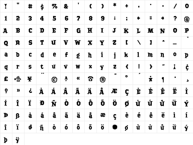 Bordello Bold  glyph index