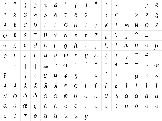 Calypso Regular  glyph index