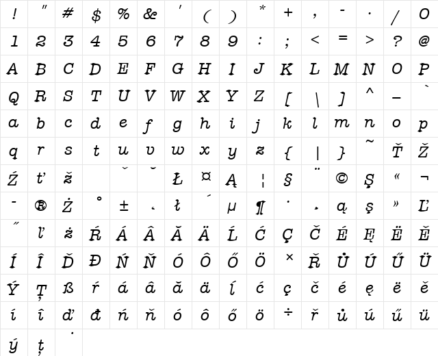 AmericanTypItcTEEMed Italic  glyph index