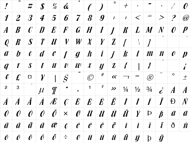 Broach Italic  glyph index