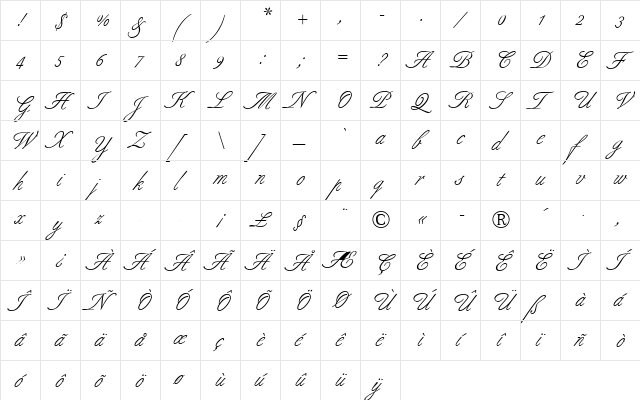 Berthold Script BQ Regular  glyph index